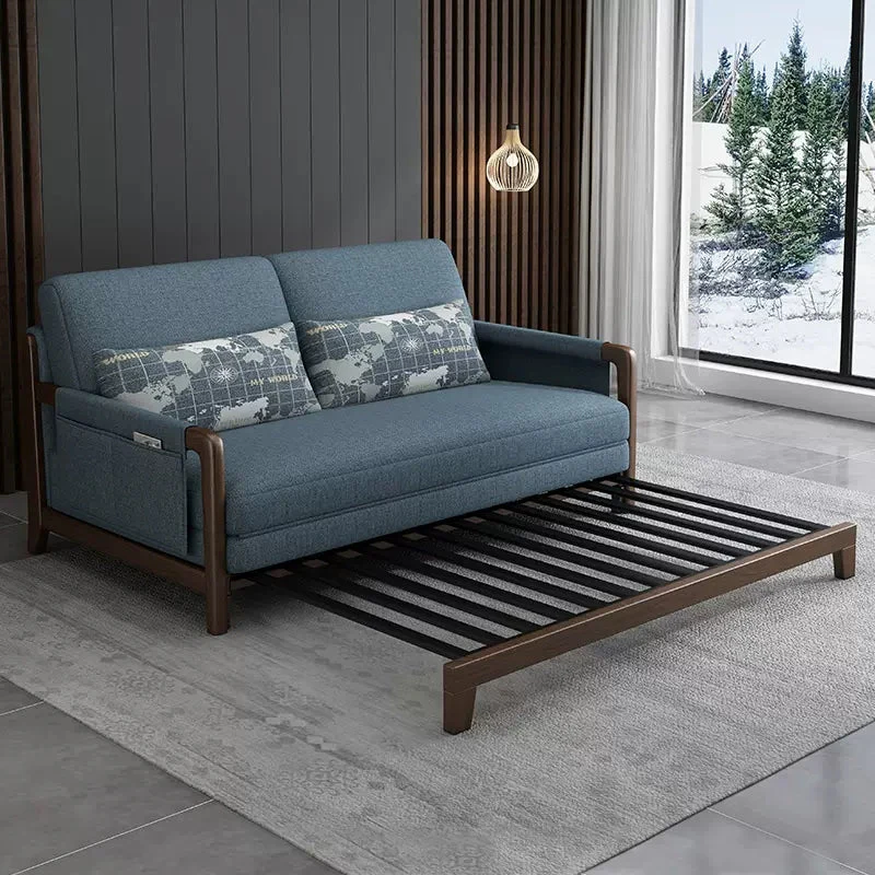 Pull Out Sleeper Sofa Bed with Armrest Storage Pockets Cotton Linen Walnut Frame - Image 3