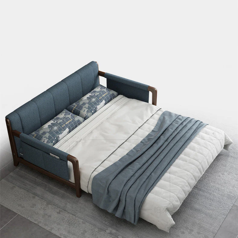 Pull Out Sleeper Sofa Bed with Armrest Storage Pockets Cotton Linen Walnut Frame - Image 4