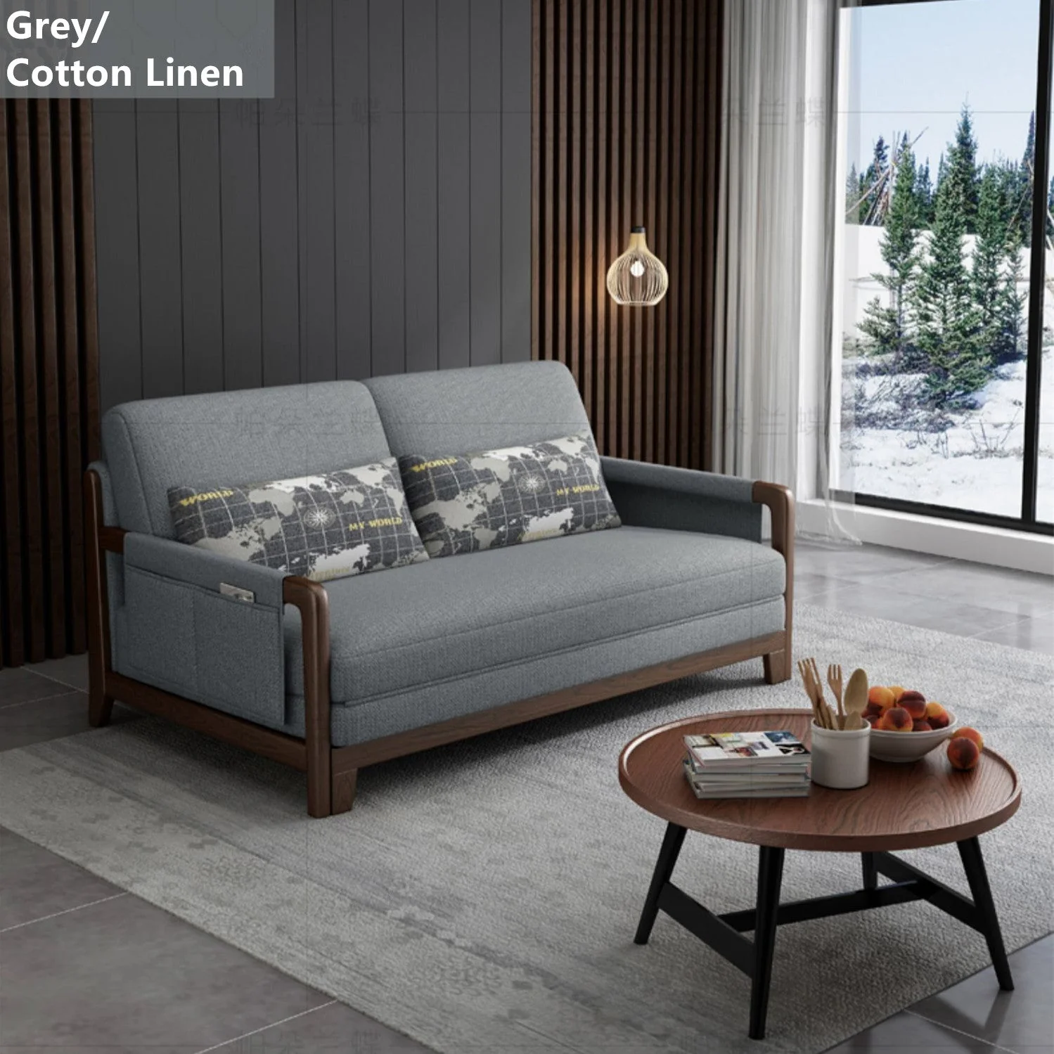 Pull Out Sleeper Sofa Bed with Armrest Storage Pockets Cotton Linen Walnut Frame - Image 5