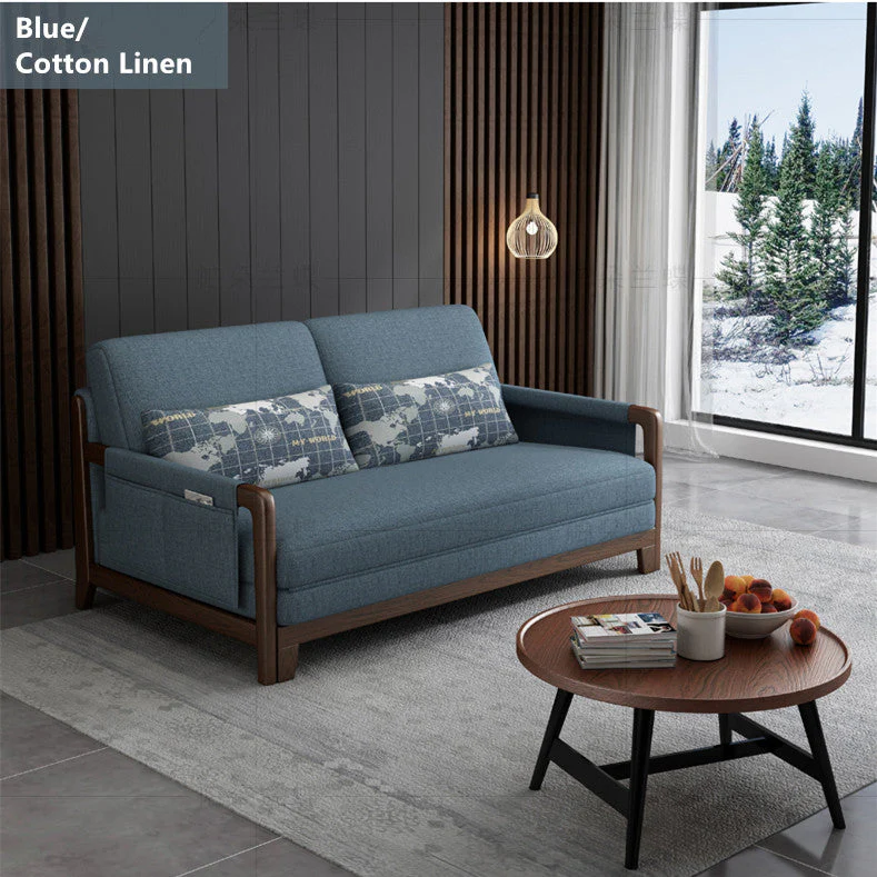 Pull Out Sleeper Sofa Bed with Armrest Storage Pockets Cotton Linen Walnut Frame - Image 6