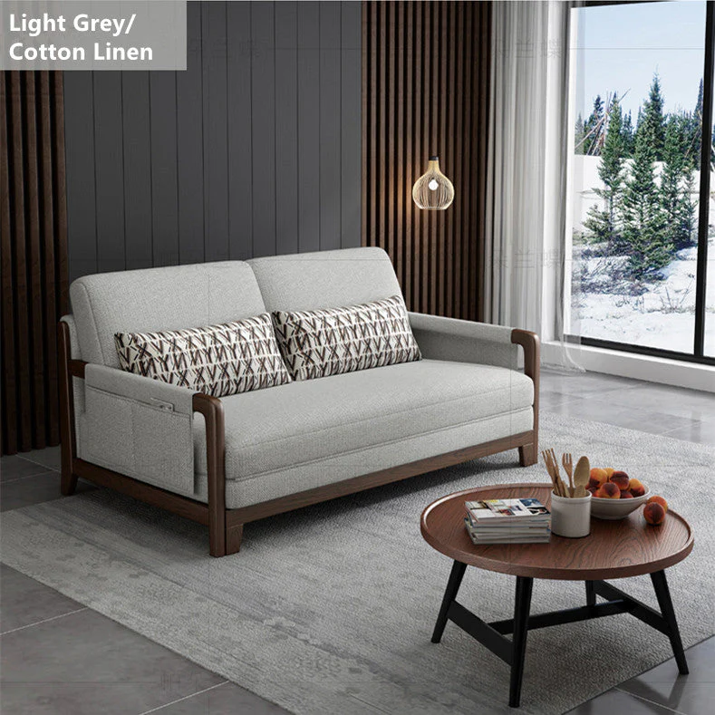 Pull Out Sleeper Sofa Bed with Armrest Storage Pockets Cotton Linen Walnut Frame - Image 7
