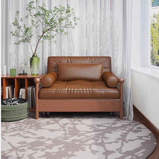 Rattan Weaving Armrests Leathaire Fabric Retro Sofa Bed with Underneath Storage - Image 2