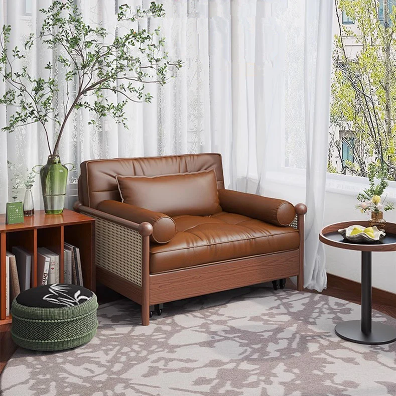 Rattan Weaving Armrests Leathaire Fabric Retro Sofa Bed with Underneath Storage - Image 3