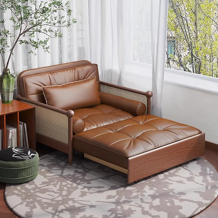 Rattan Weaving Armrests Leathaire Fabric Retro Sofa Bed with Underneath Storage - Image 4