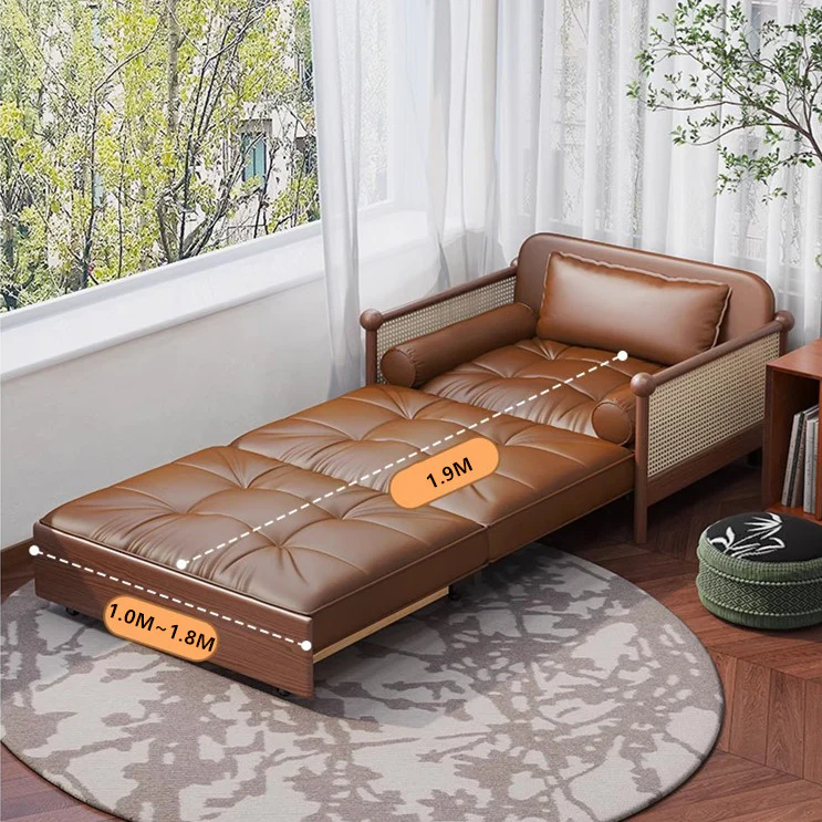 Rattan Weaving Armrests Leathaire Fabric Retro Sofa Bed with Underneath Storage - Image 5