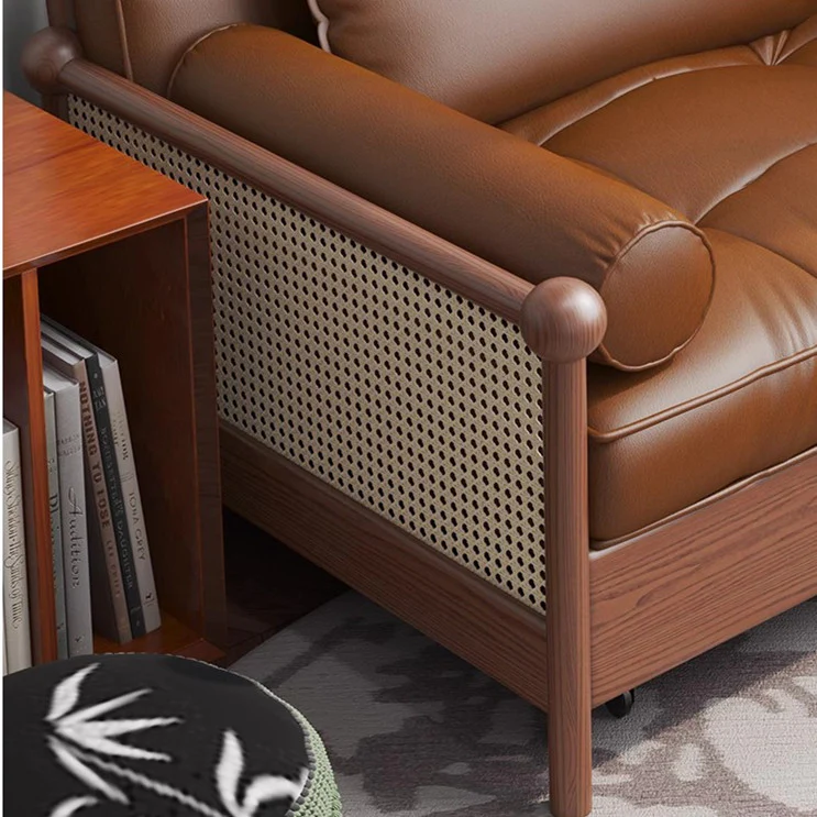 Rattan Weaving Armrests Leathaire Fabric Retro Sofa Bed with Underneath Storage - Image 7