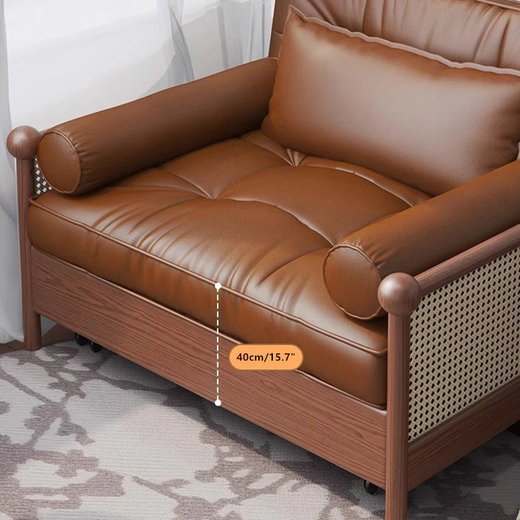 Rattan Weaving Armrests Leathaire Fabric Retro Sofa Bed with Underneath Storage - Image 8