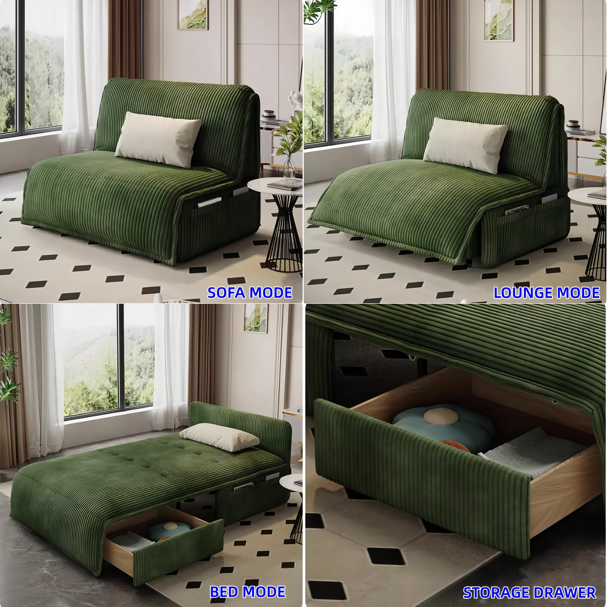 Remote Controlled Electric Corduroy Fabric Sofa Bed with Storage Drawer