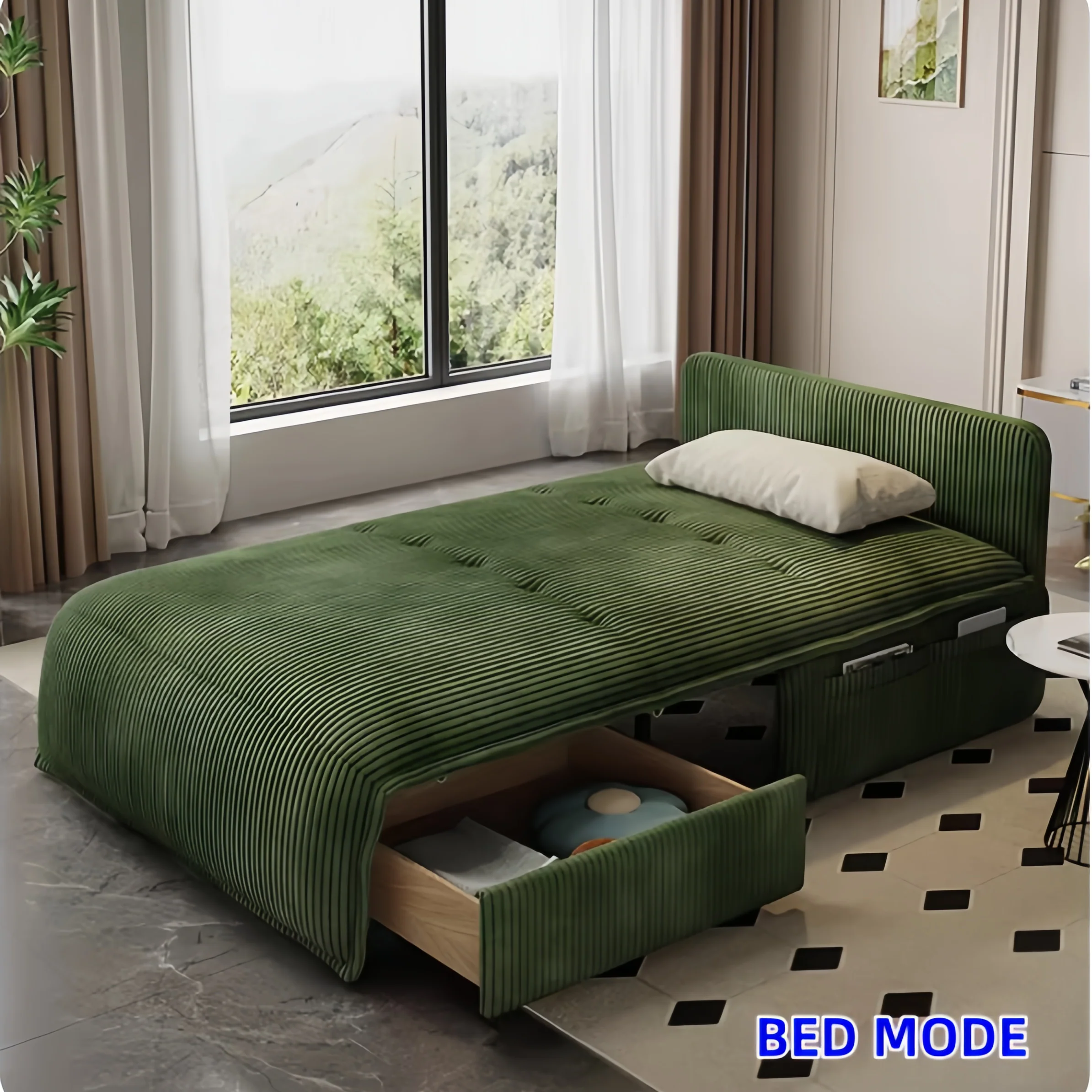 Remote Controlled Electric Corduroy Fabric Sofa Bed with Storage Drawer - Image 5