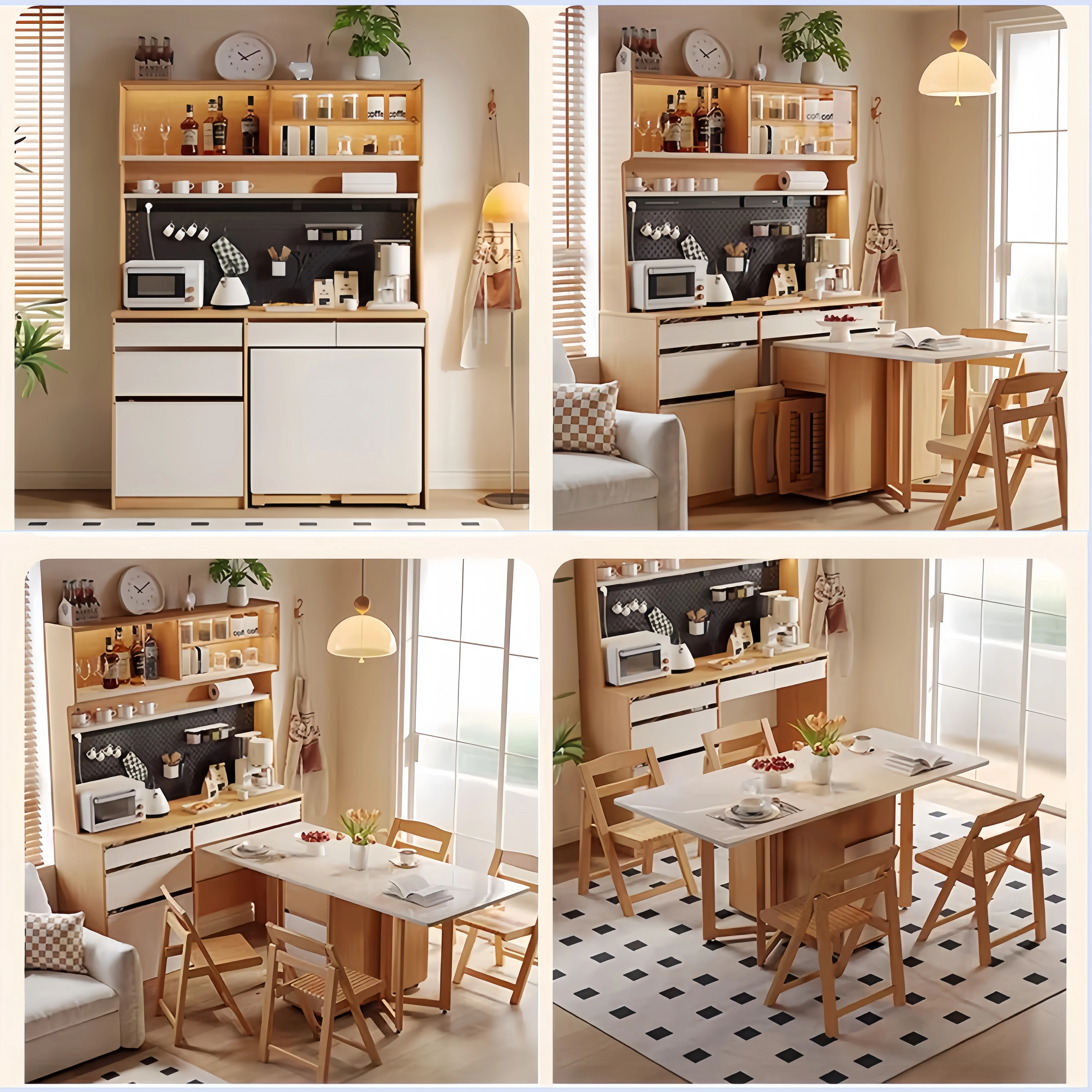 Sideboard Cabinet with Double Drop Leaf Dining Table and 4 Folding Chairs