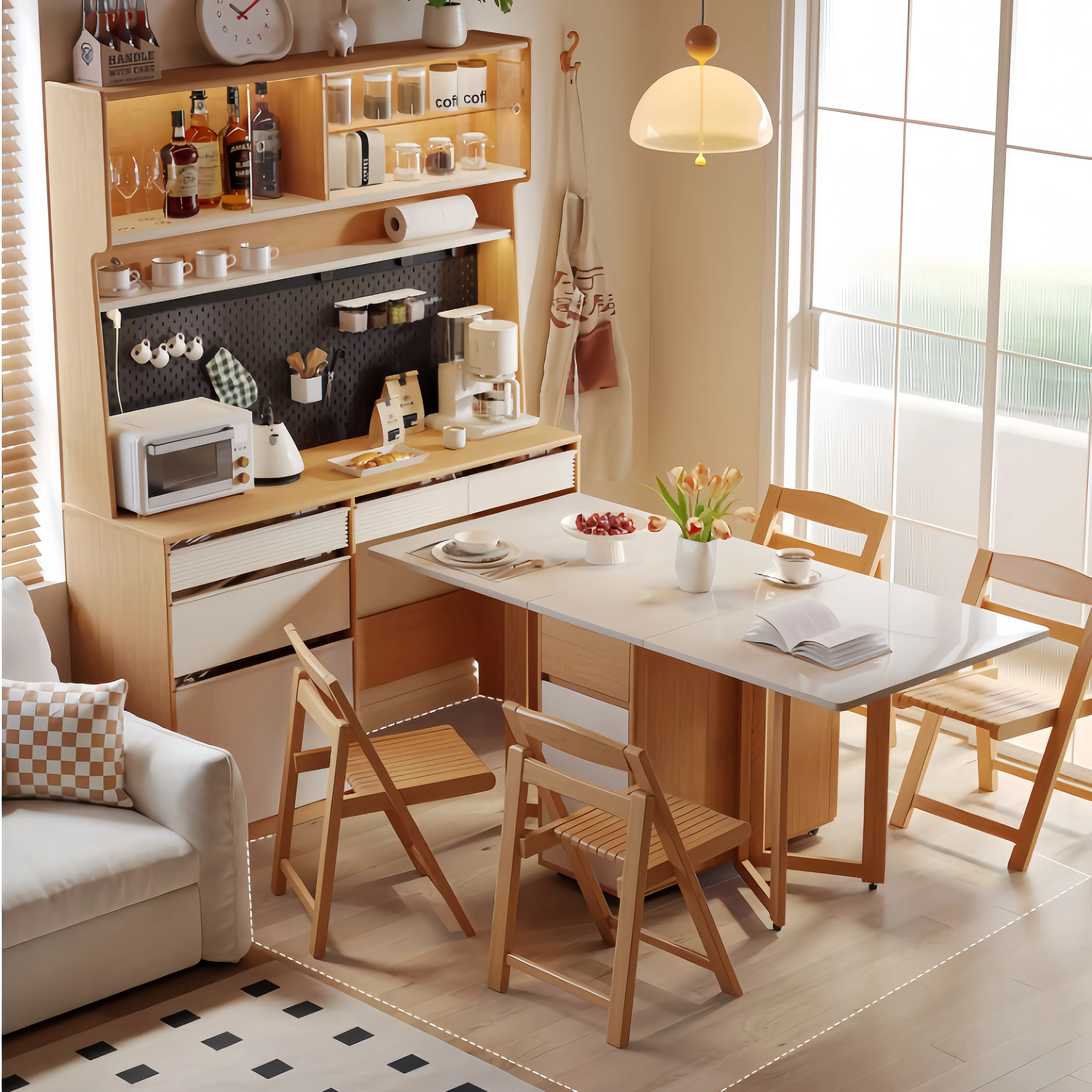 Sideboard Cabinet with Double Drop Leaf Dining Table and 4 Folding Chairs - Image 4