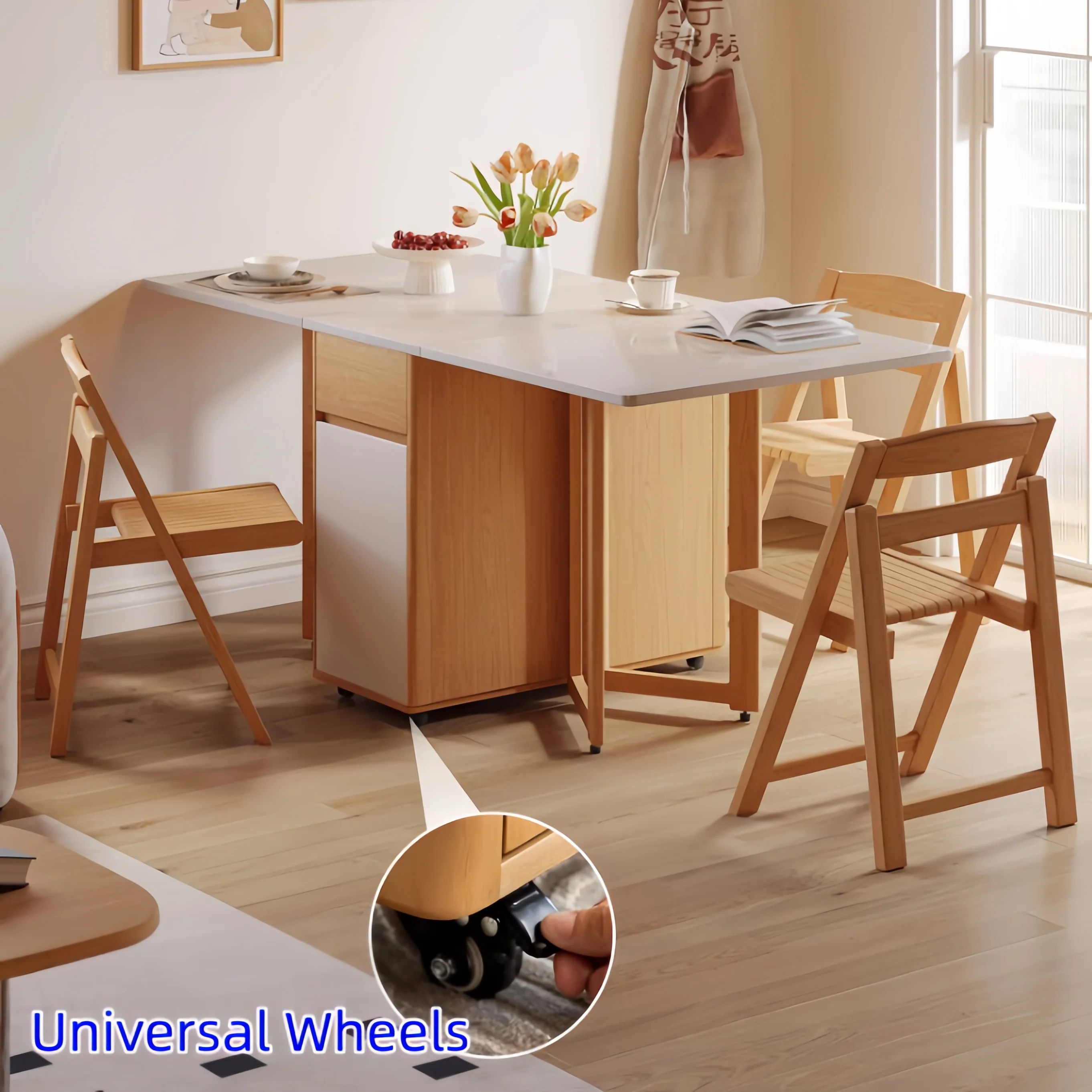 Sideboard Cabinet with Double Drop Leaf Dining Table and 4 Folding Chairs - Image 5