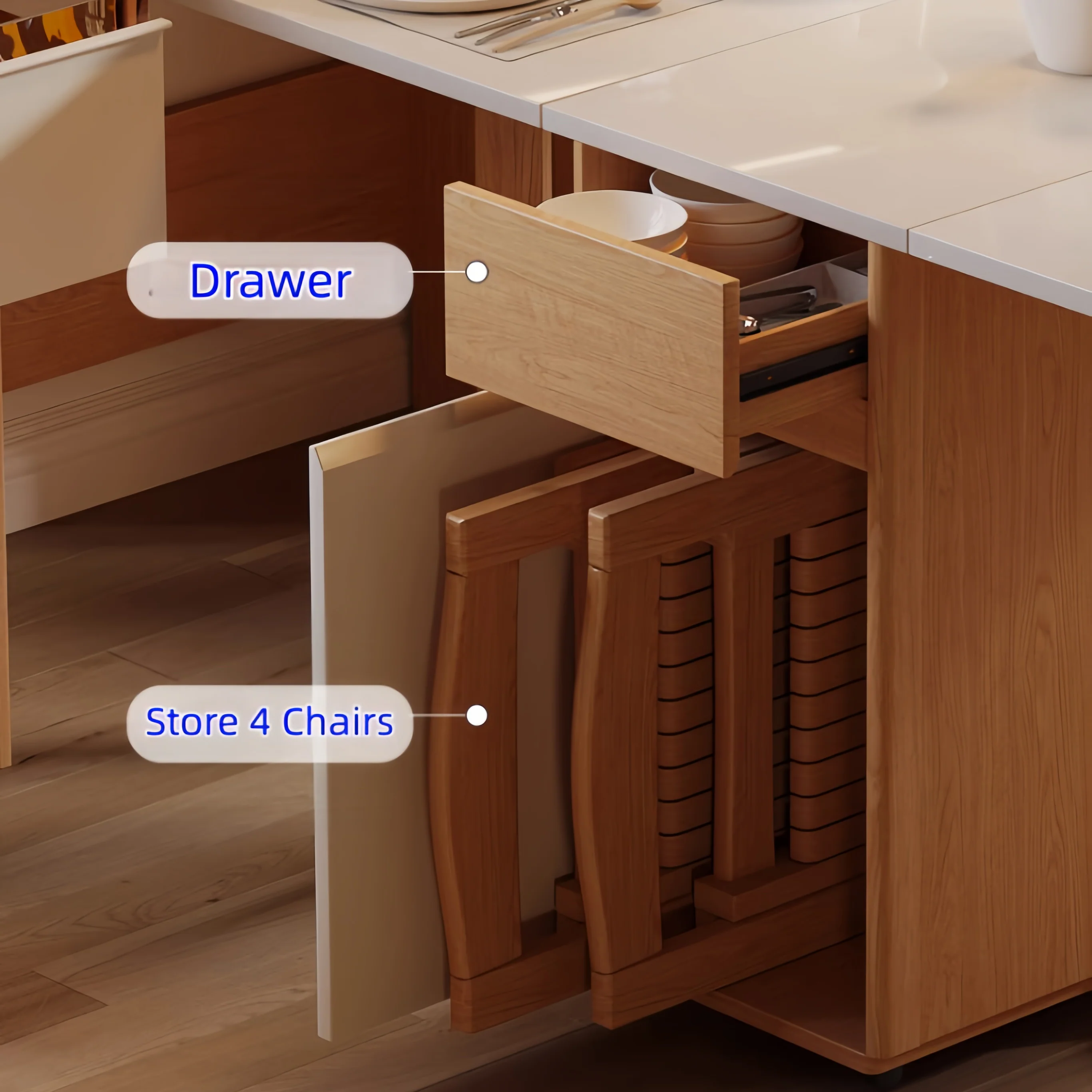 Sideboard Cabinet with Double Drop Leaf Dining Table and 4 Folding Chairs - Image 7
