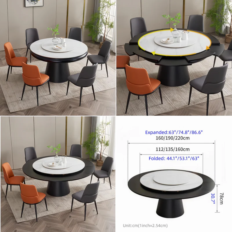 Sintered Stone Tabletop Round Dining Table with Rotating Expandable Hidden Leaf