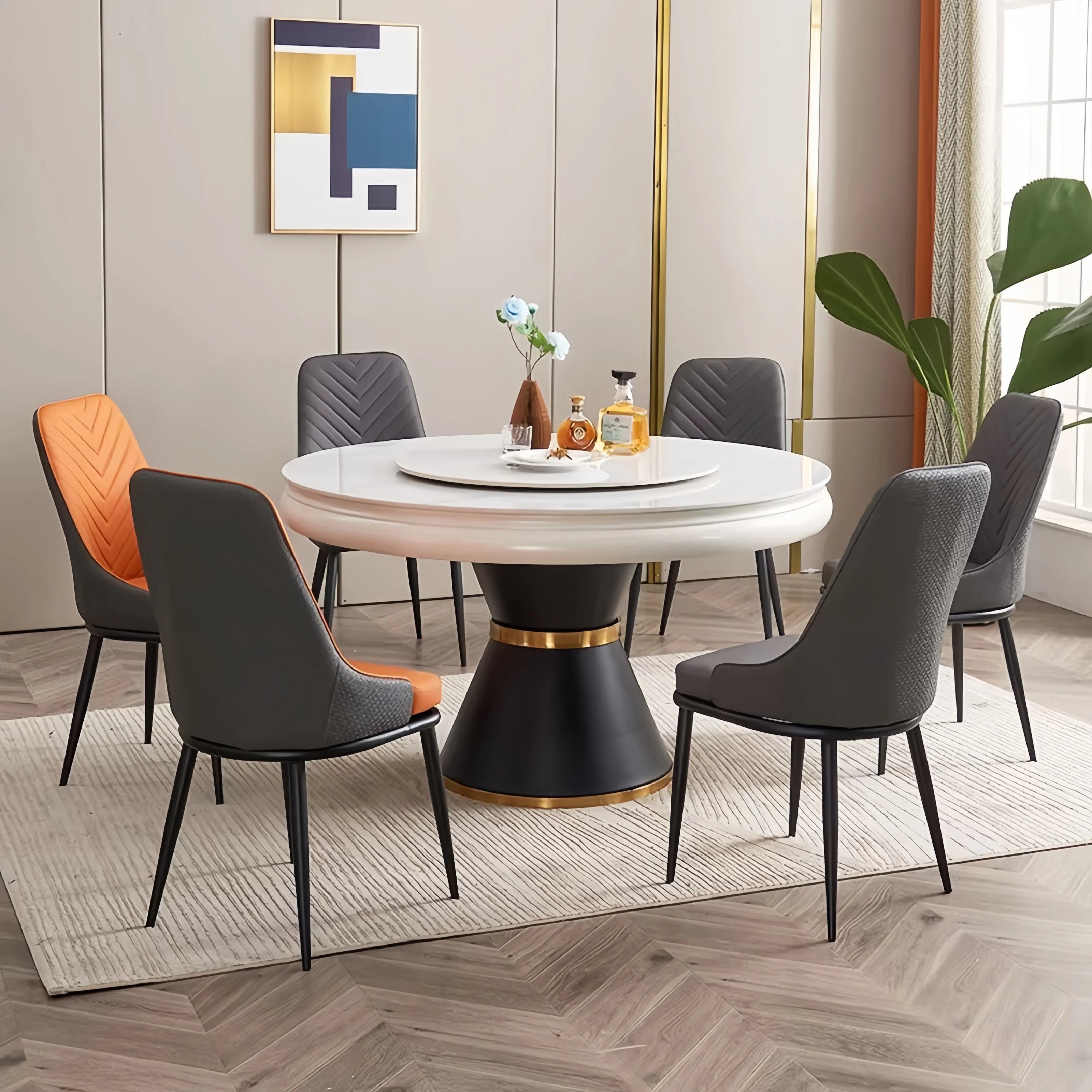 Sintered Stone Tabletop Round Dining Table with Rotating Expandable Hidden Leaf - Image 10