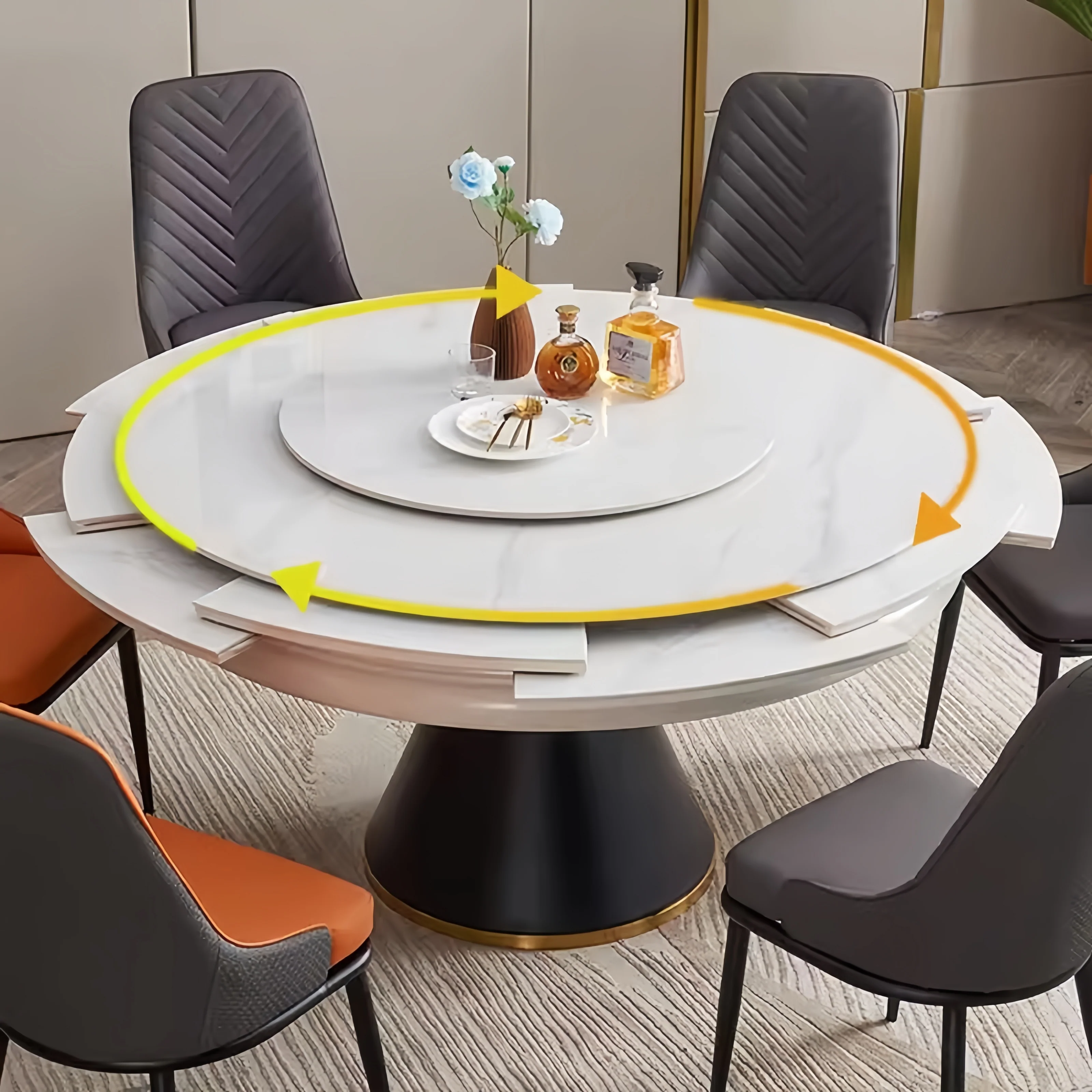 Sintered Stone Tabletop Round Dining Table with Rotating Expandable Hidden Leaf - Image 12