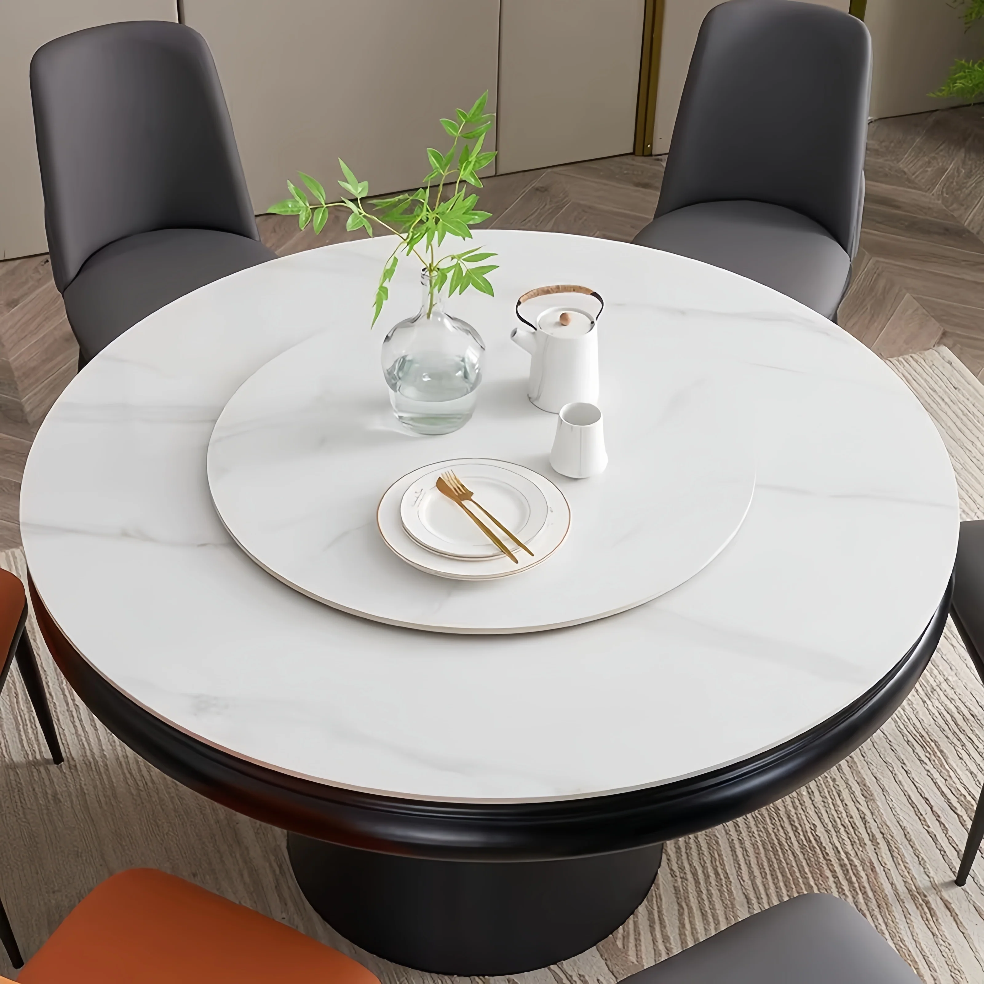 Sintered Stone Tabletop Round Dining Table with Rotating Expandable Hidden Leaf - Image 3