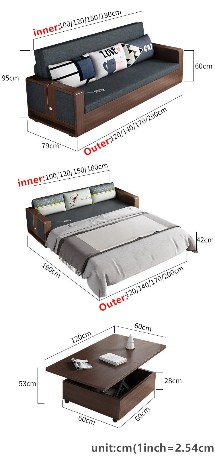 Sofa Bed With Liftable and Expandable Coffee Table - Image 6