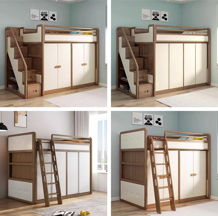 Solid Ash Wood Loft Bed with Underneath Wardrobe