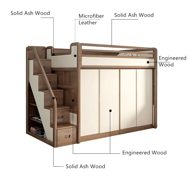 Solid Ash Wood Loft Bed with Underneath Wardrobe - Image 11