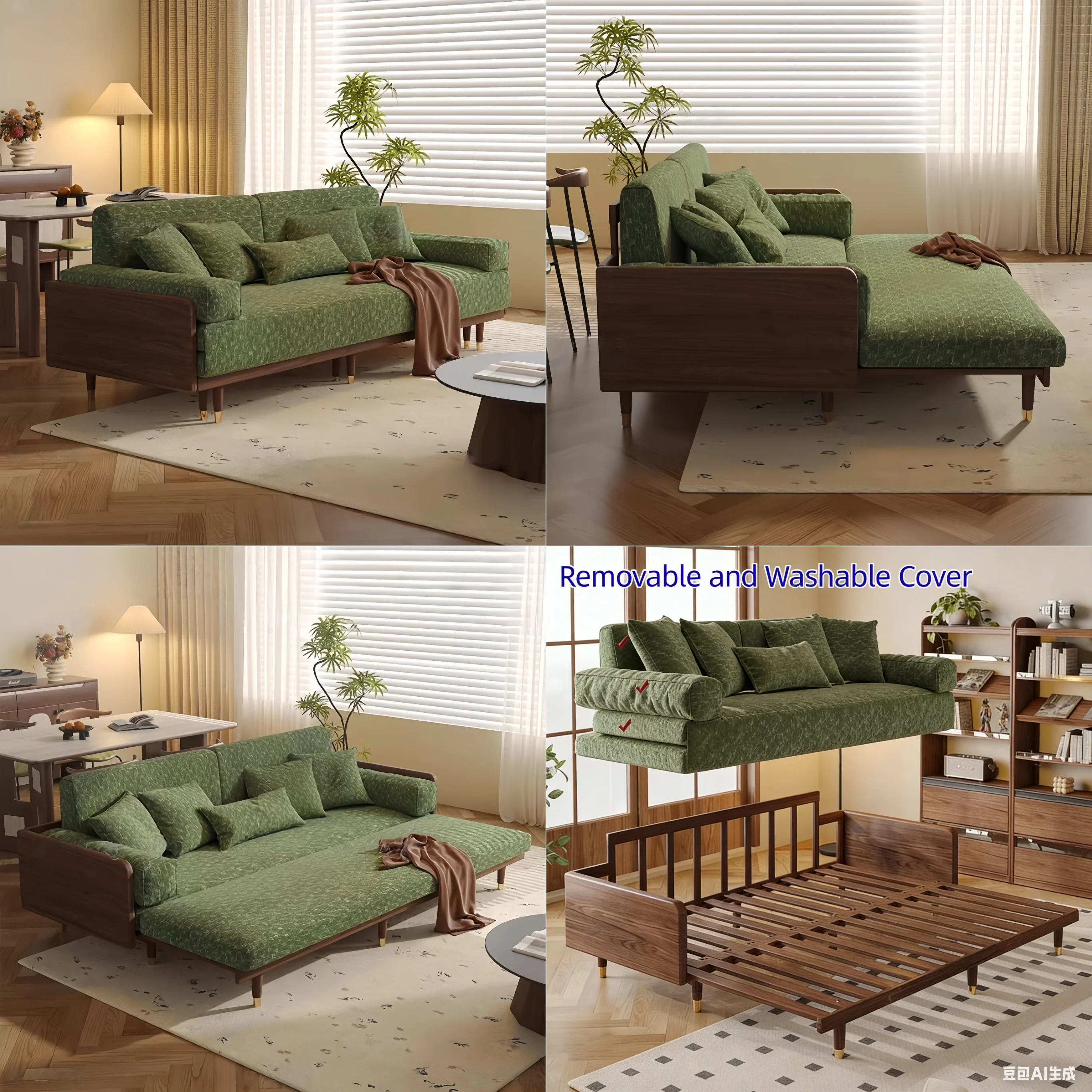 Solid Ash Wood Sofa Bed with Four-Leaf Clover Chenille Fabric