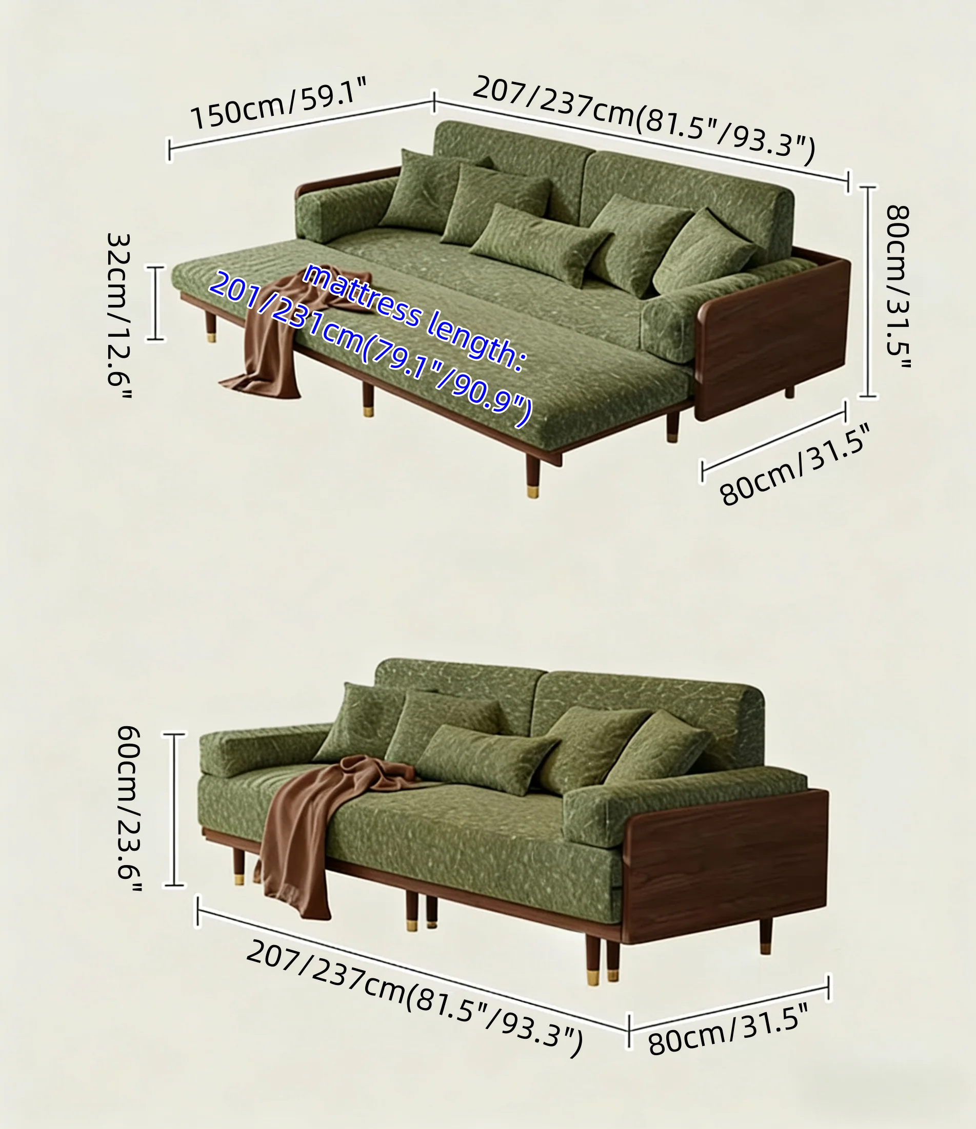 Solid Ash Wood Sofa Bed with Four-Leaf Clover Chenille Fabric - Image 13