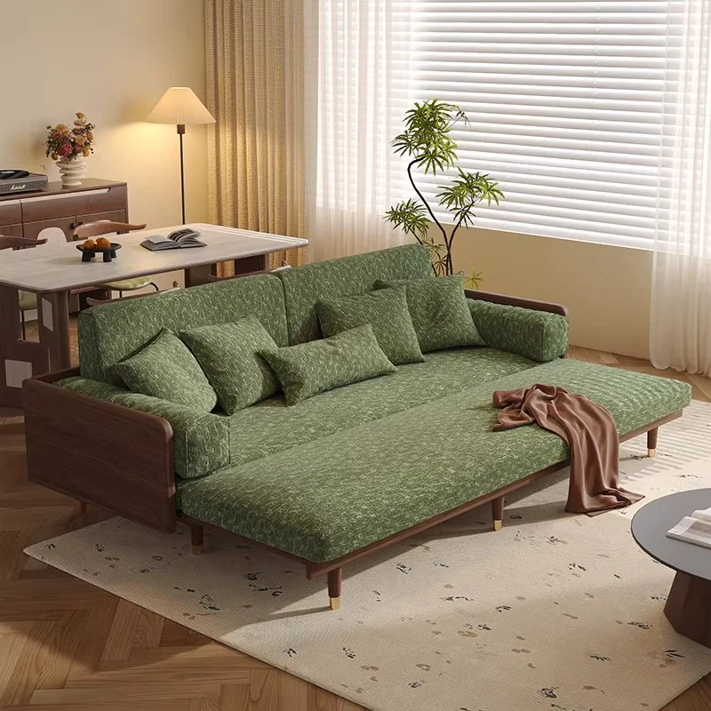 Solid Ash Wood Sofa Bed with Four-Leaf Clover Chenille Fabric - Image 14