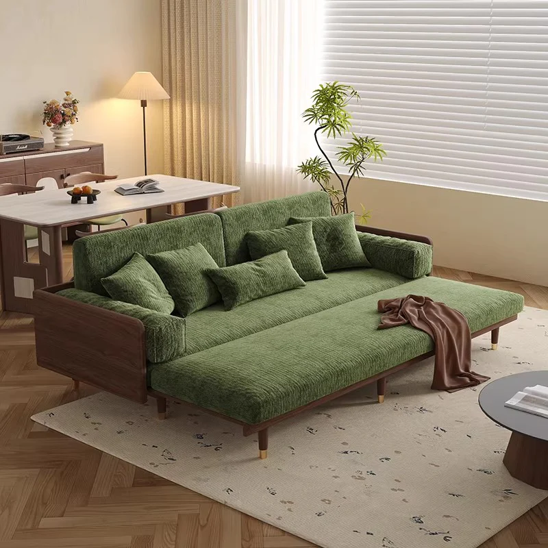 Solid Ash Wood Sofa Bed with Four-Leaf Clover Chenille Fabric - Image 15