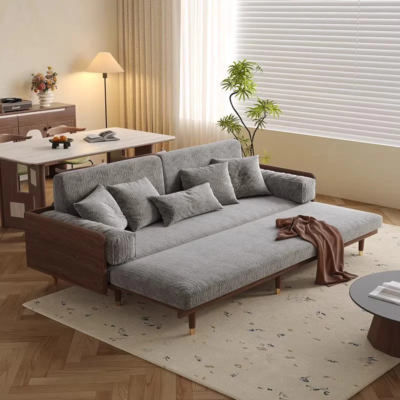 Solid Ash Wood Sofa Bed with Four-Leaf Clover Chenille Fabric - Image 16