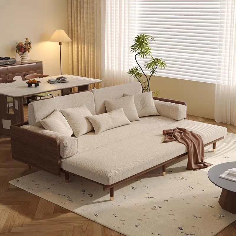 Solid Ash Wood Sofa Bed with Four-Leaf Clover Chenille Fabric - Image 17
