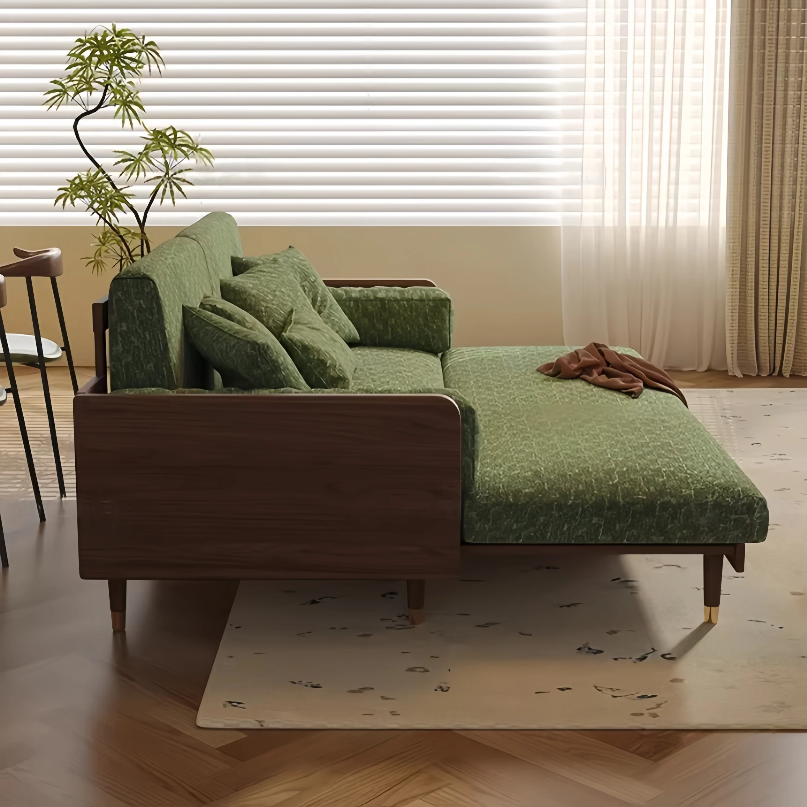 Solid Ash Wood Sofa Bed with Four-Leaf Clover Chenille Fabric - Image 3