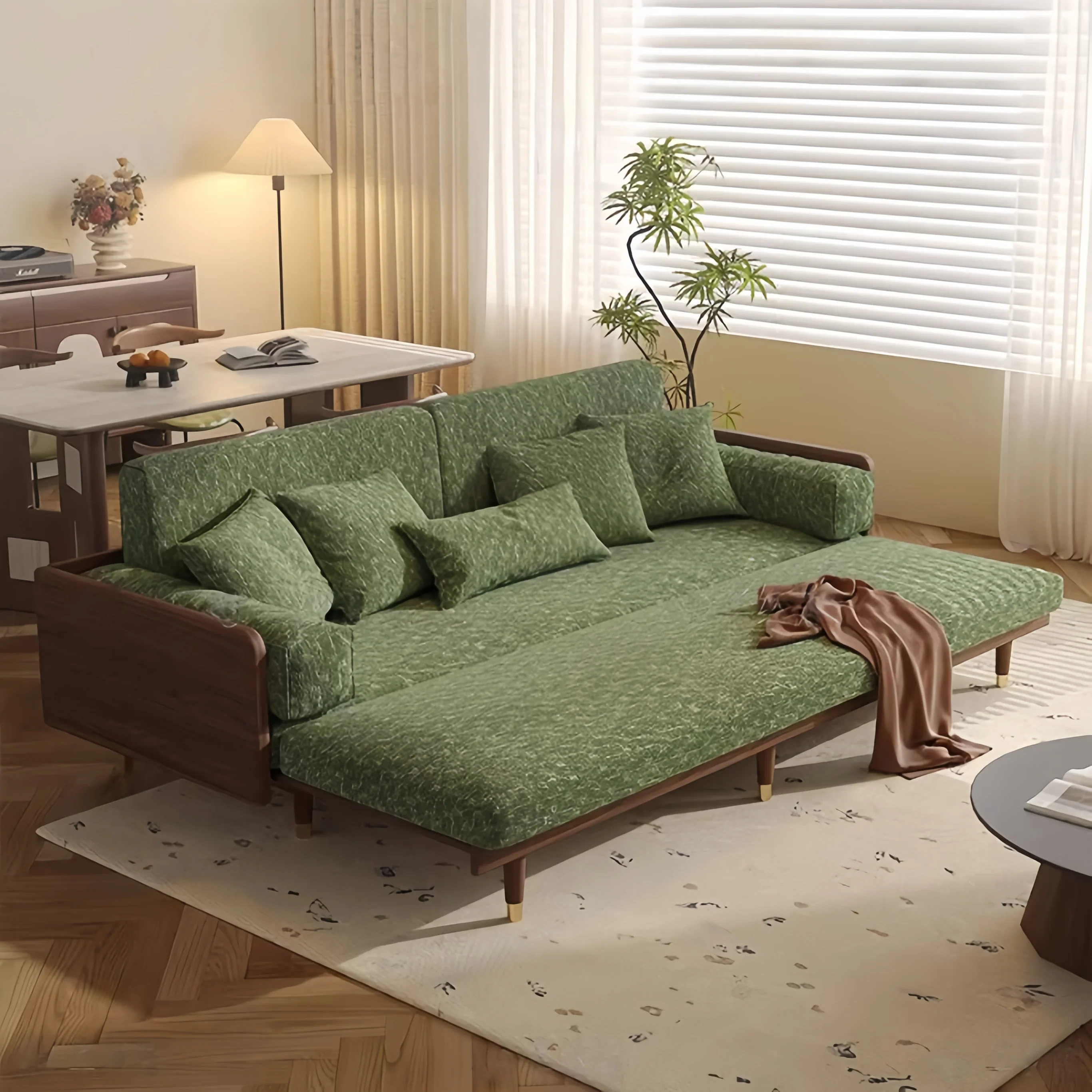 Solid Ash Wood Sofa Bed with Four-Leaf Clover Chenille Fabric - Image 4