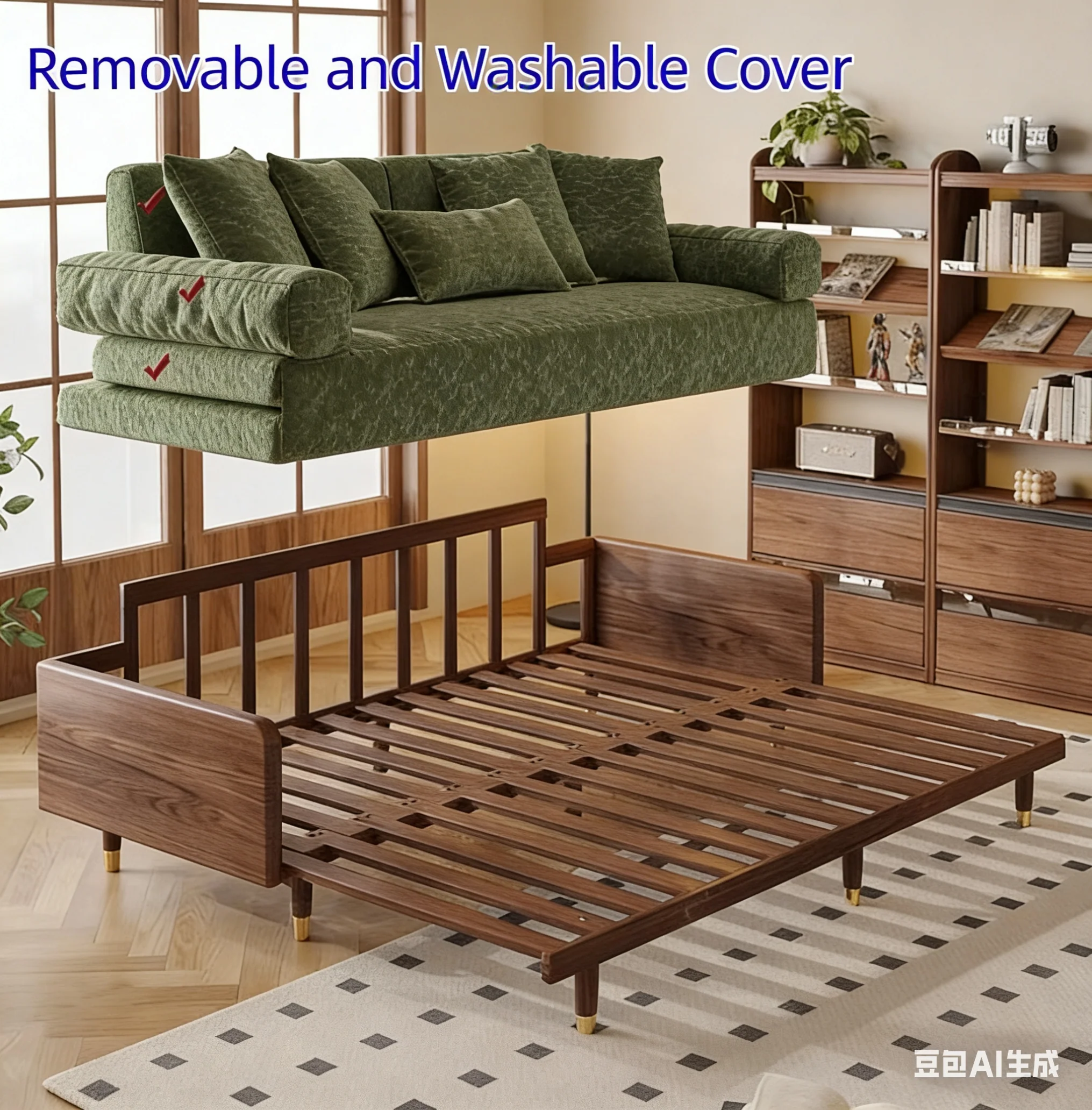 Solid Ash Wood Sofa Bed with Four-Leaf Clover Chenille Fabric - Image 5