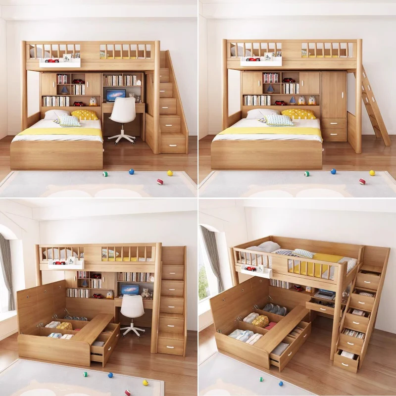 Solid Beech Wood Loft Bed with Storage Bed Drawer Staircase Desk Bookshelf and  Wardrobe