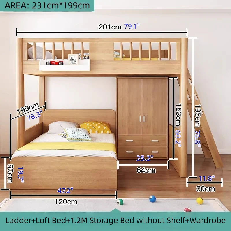 Solid Beech Wood Loft Bed with Storage Bed Drawer Staircase Desk Bookshelf and  Wardrobe - Image 15