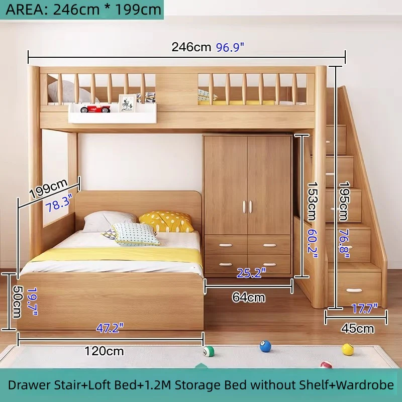 Solid Beech Wood Loft Bed with Storage Bed Drawer Staircase Desk Bookshelf and  Wardrobe - Image 16