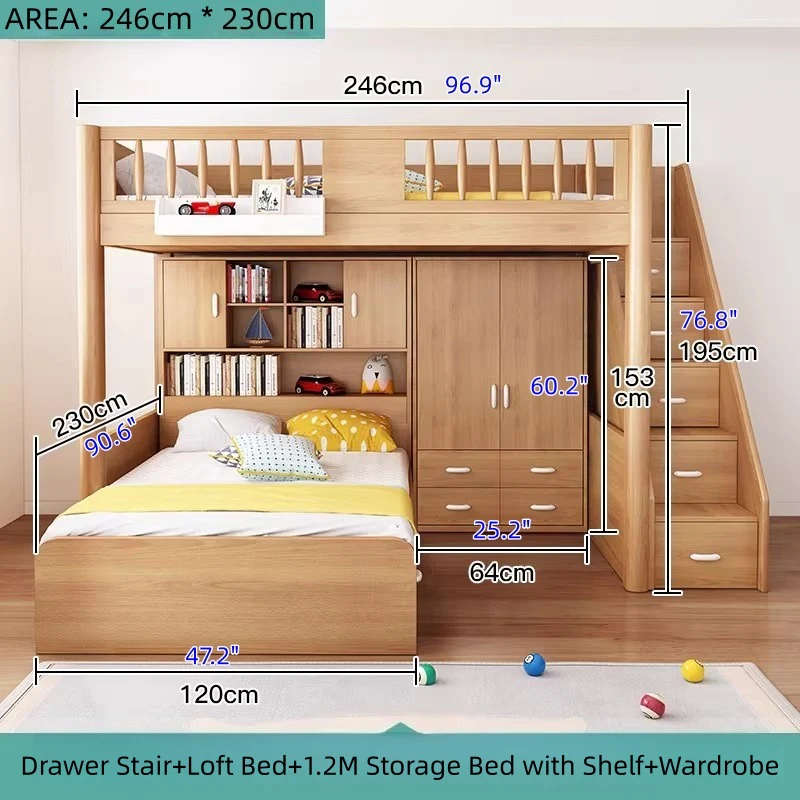 Solid Beech Wood Loft Bed with Storage Bed Drawer Staircase Desk Bookshelf and  Wardrobe - Image 18