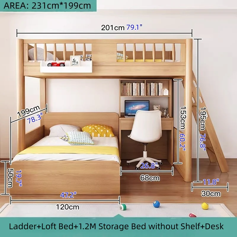 Solid Beech Wood Loft Bed with Storage Bed Drawer Staircase Desk Bookshelf and  Wardrobe - Image 19