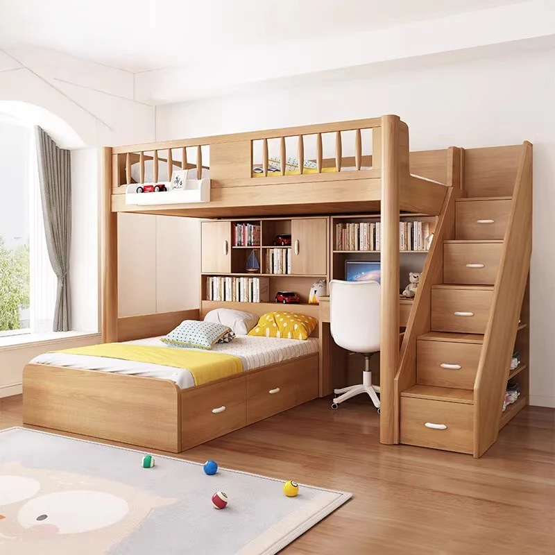 Solid Beech Wood Loft Bed with Storage Bed Drawer Staircase Desk Bookshelf and  Wardrobe - Image 2