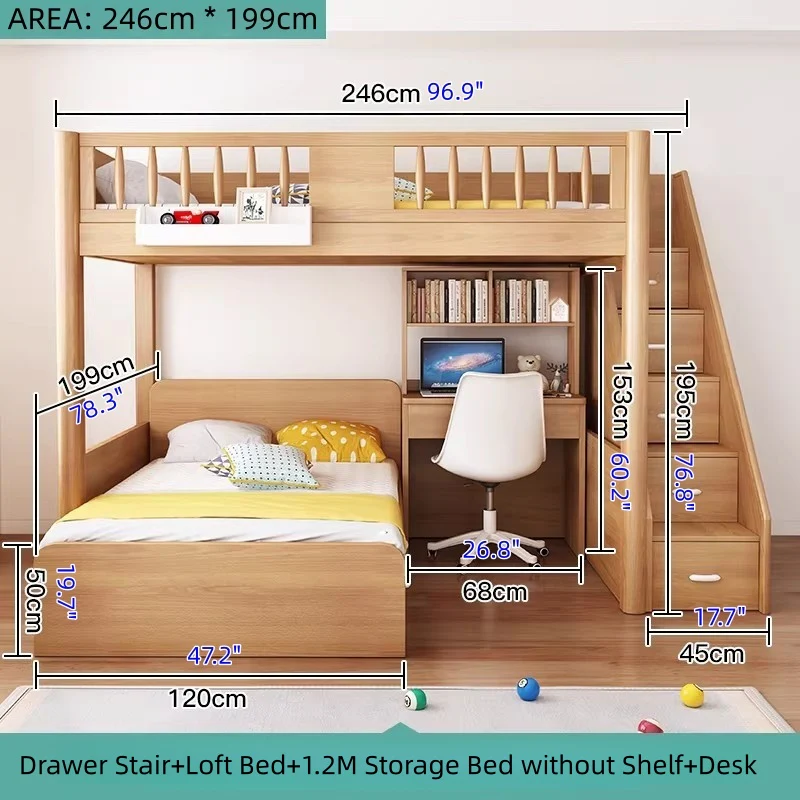 Solid Beech Wood Loft Bed with Storage Bed Drawer Staircase Desk Bookshelf and  Wardrobe - Image 20