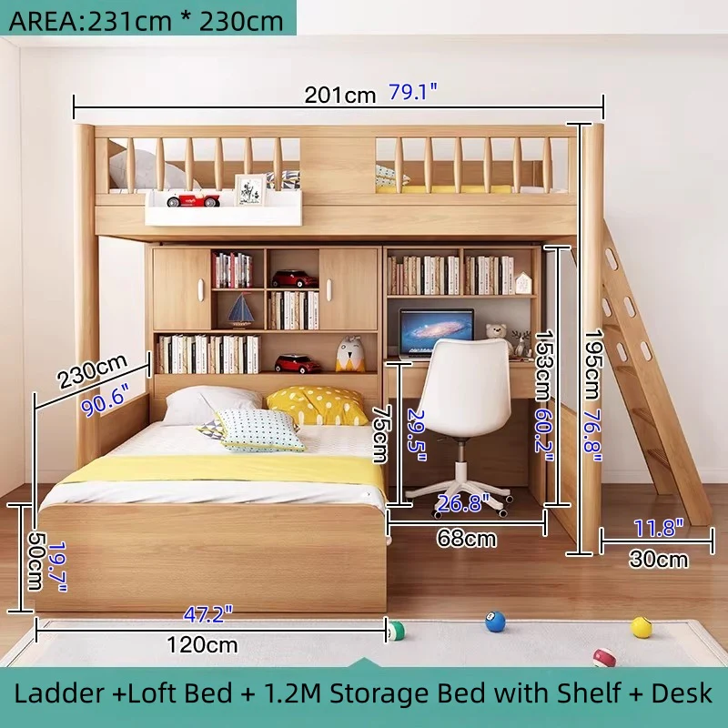 Solid Beech Wood Loft Bed with Storage Bed Drawer Staircase Desk Bookshelf and  Wardrobe - Image 21