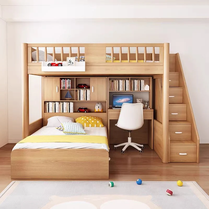 Solid Beech Wood Loft Bed with Storage Bed Drawer Staircase Desk Bookshelf and  Wardrobe - Image 3