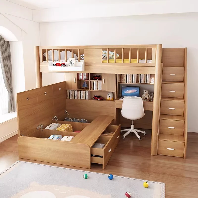 Solid Beech Wood Loft Bed with Storage Bed Drawer Staircase Desk Bookshelf and  Wardrobe - Image 6