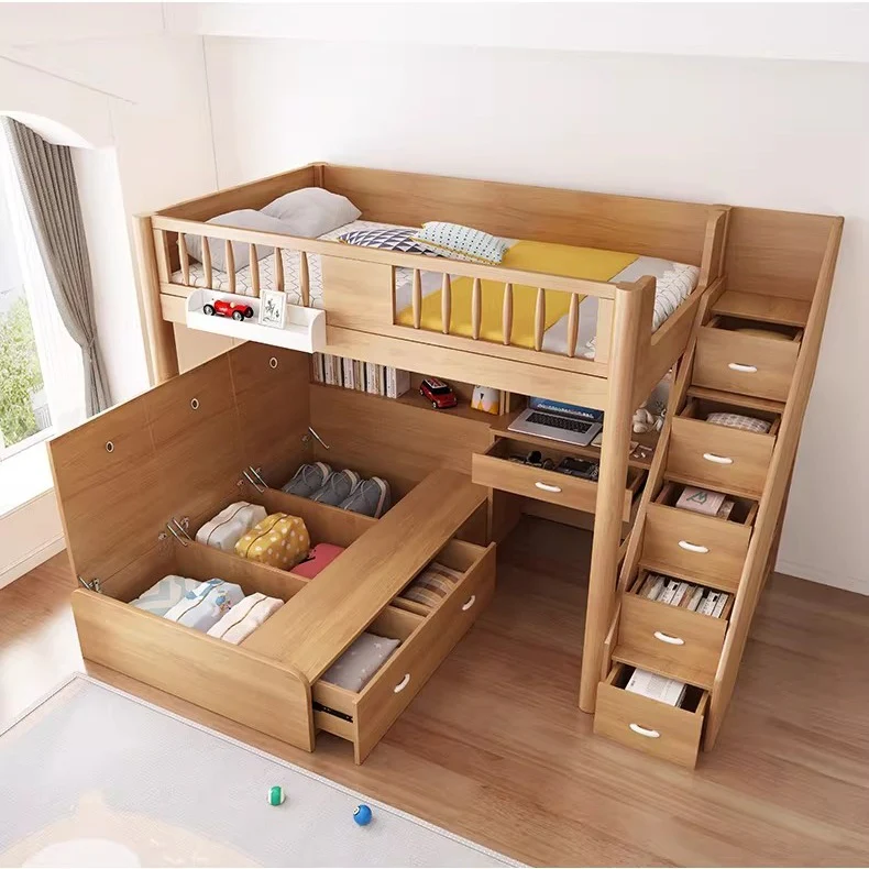 Solid Beech Wood Loft Bed with Storage Bed Drawer Staircase Desk Bookshelf and  Wardrobe - Image 7