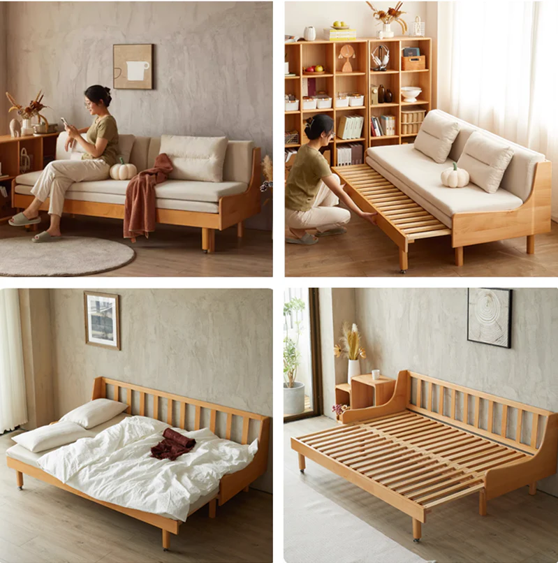 Solid Beech Wood Pull Out Sofa Bed with Back Support Frame