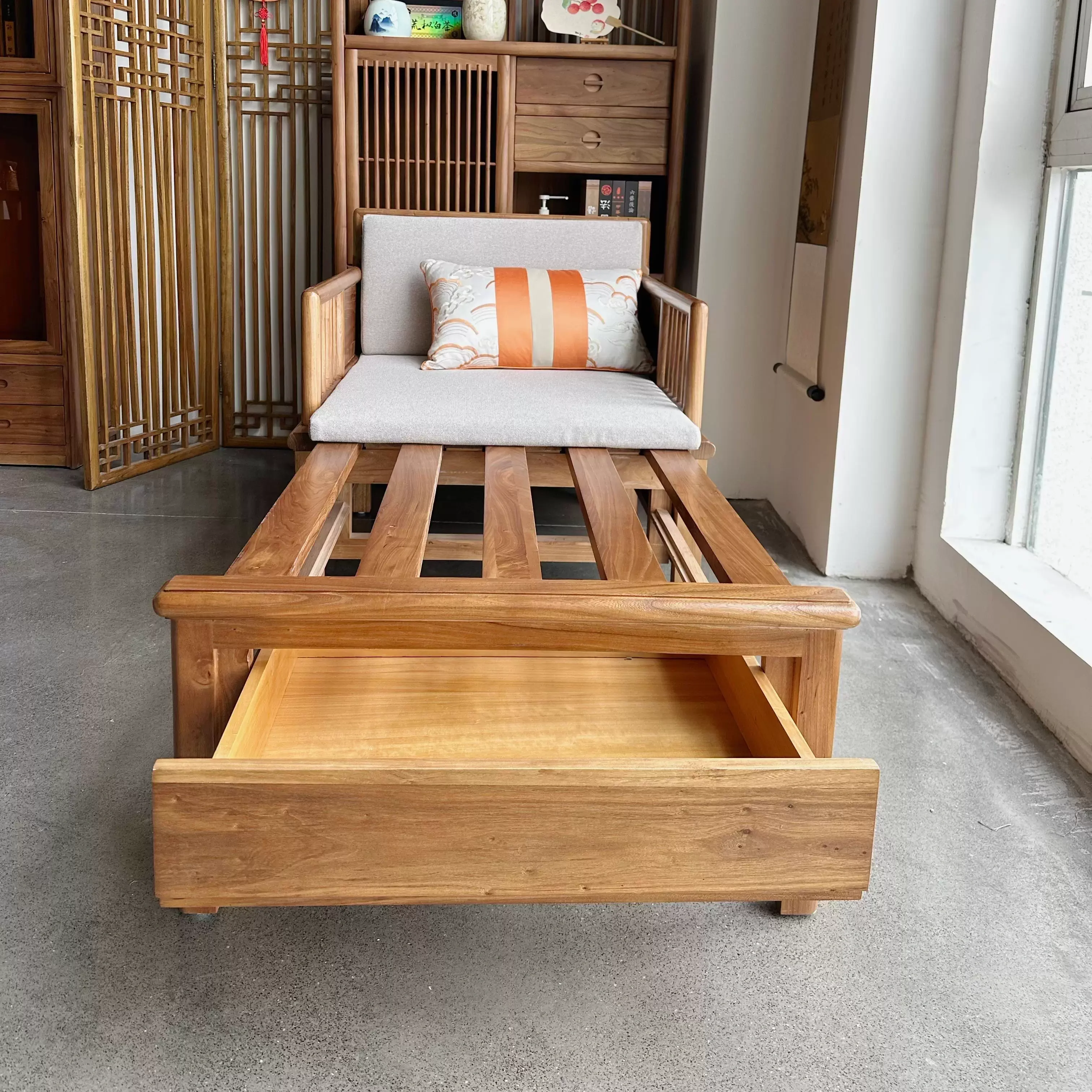 Solid Elm Wood Loveseat Arhat Day Bed with Underneath Storage - Image 4