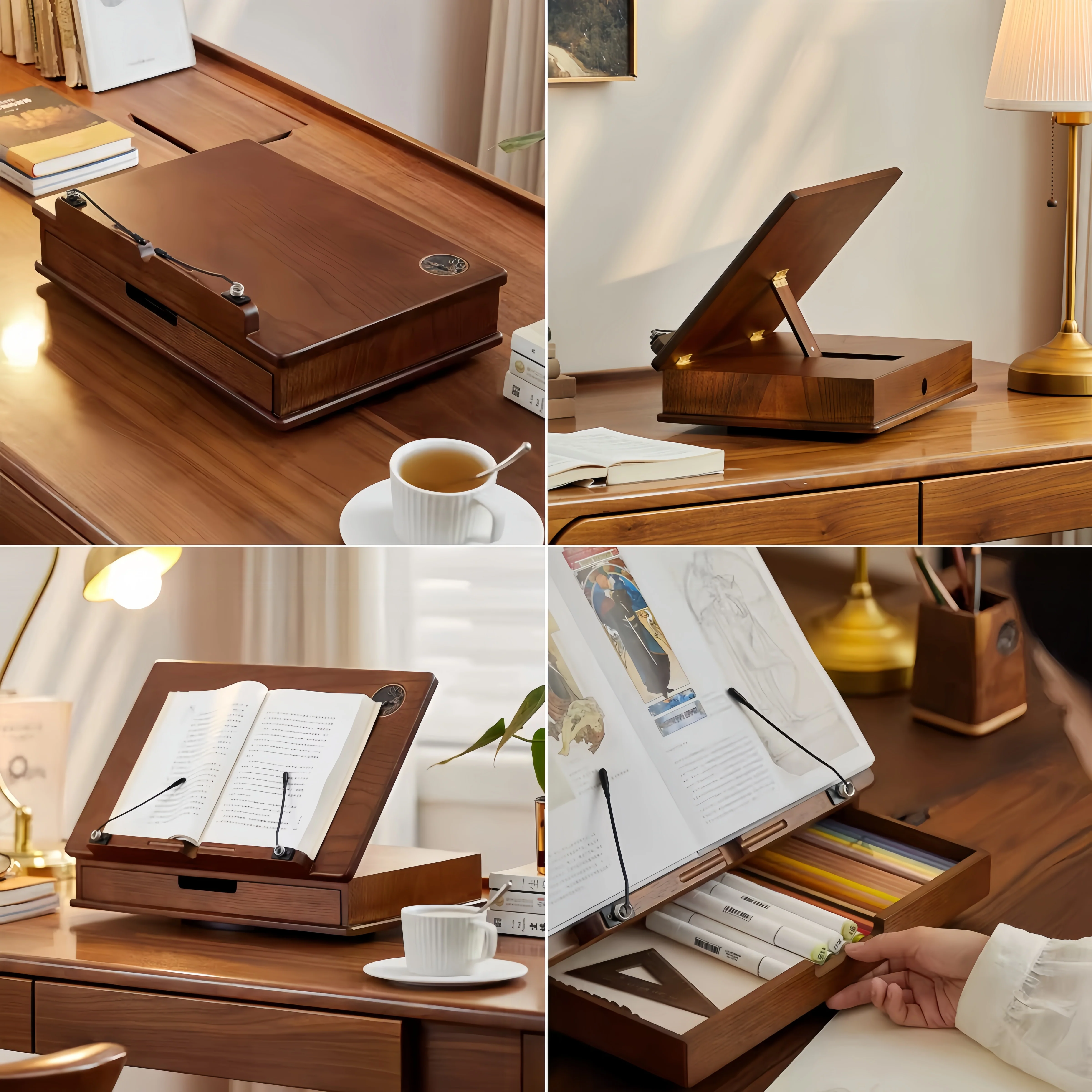 Solid Oak Wood 360° Rotating and Adjustable Book Stand with Storage Drawer