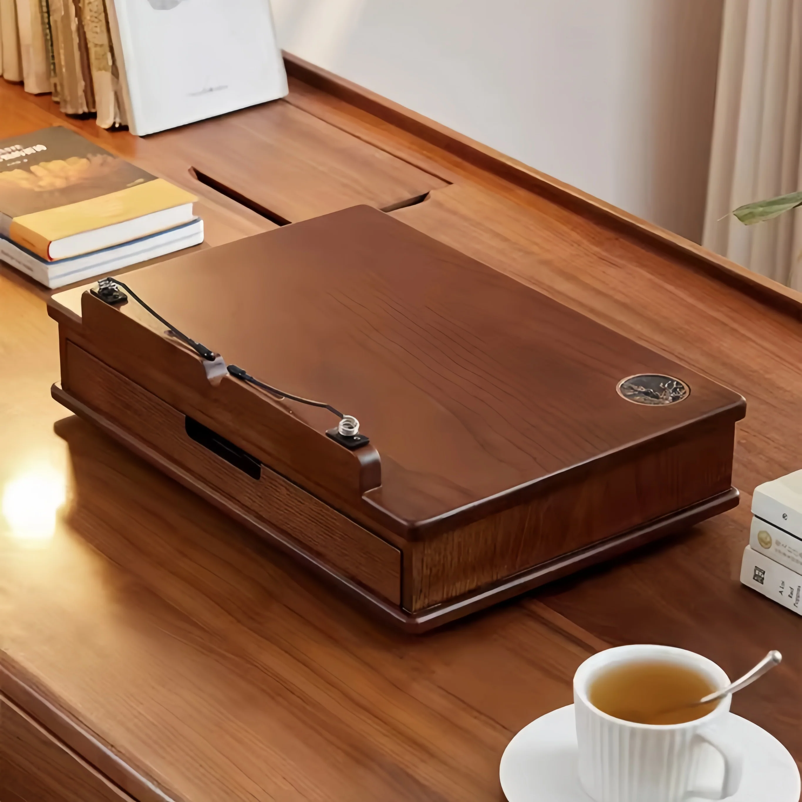 Solid Oak Wood 360° Rotating and Adjustable Book Stand with Storage Drawer - Image 2