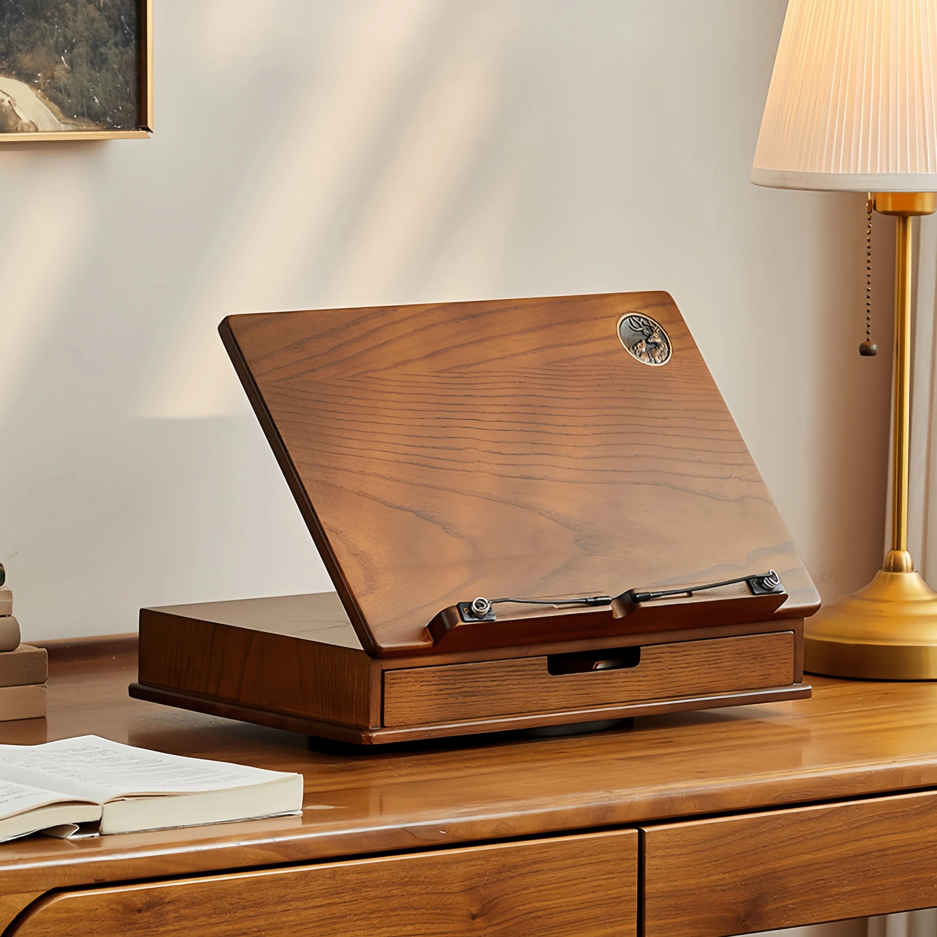 Solid Oak Wood 360° Rotating and Adjustable Book Stand with Storage Drawer - Image 3
