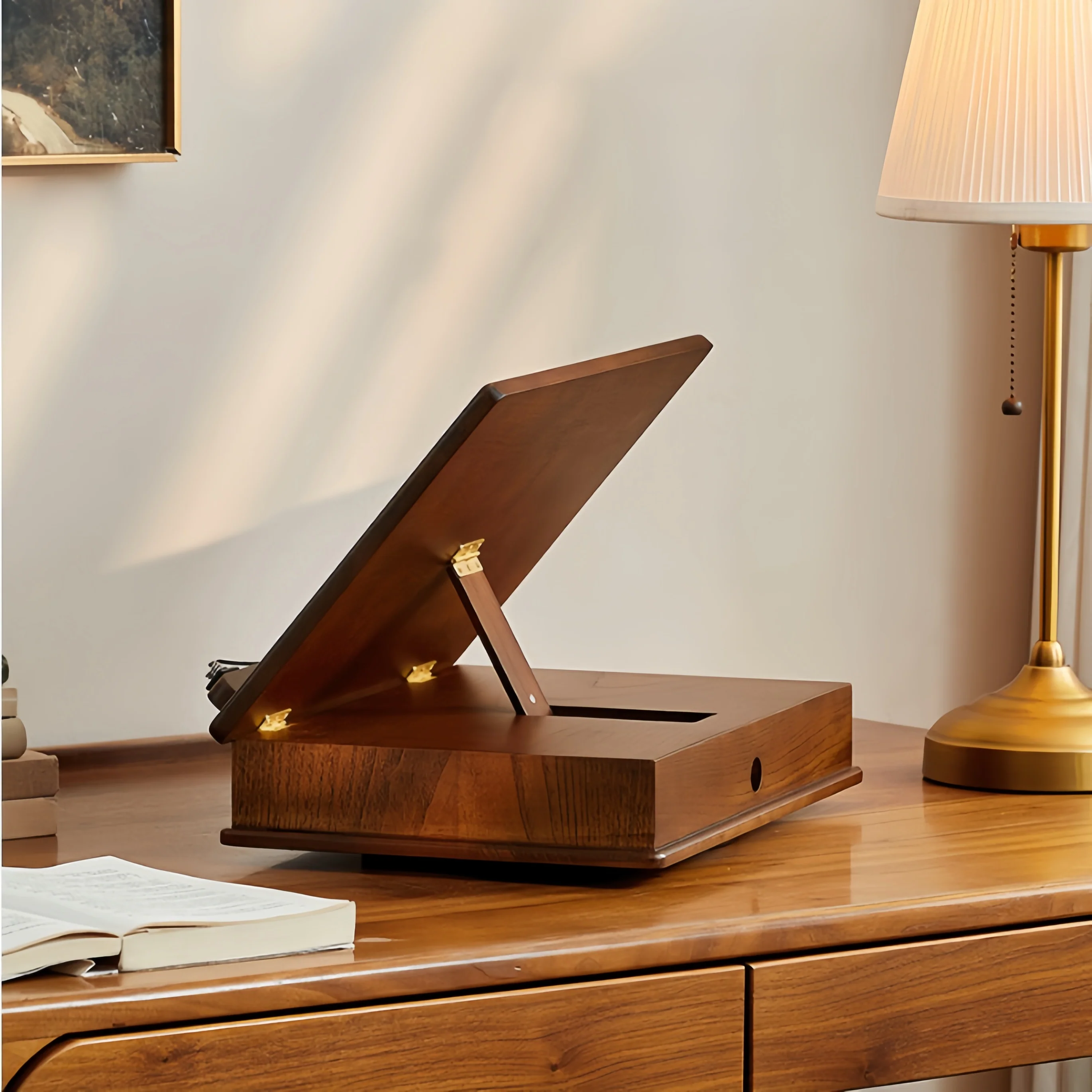 Solid Oak Wood 360° Rotating and Adjustable Book Stand with Storage Drawer - Image 4